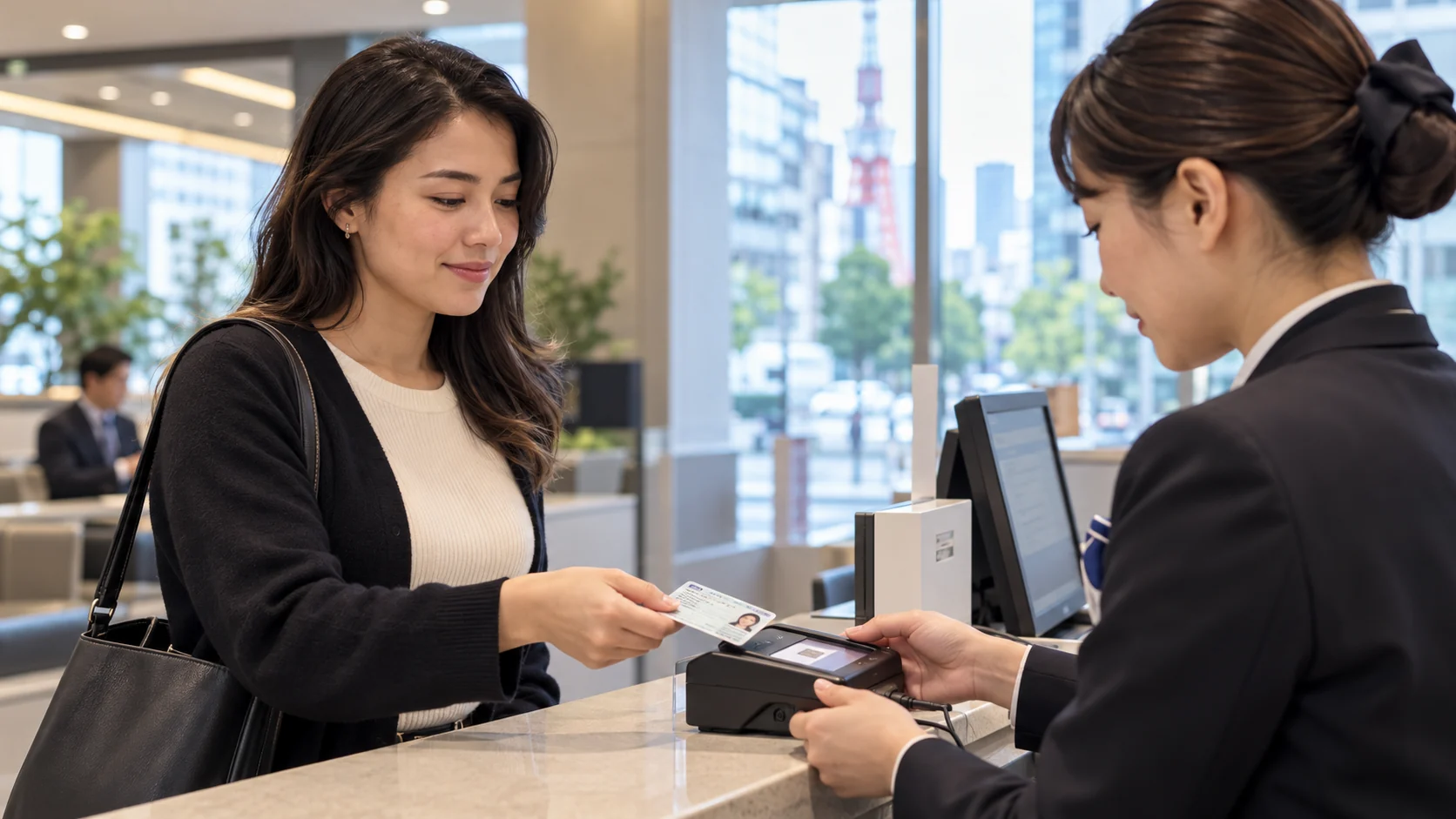Atendimento bancário com conferência eletrônica de documento no Japão.