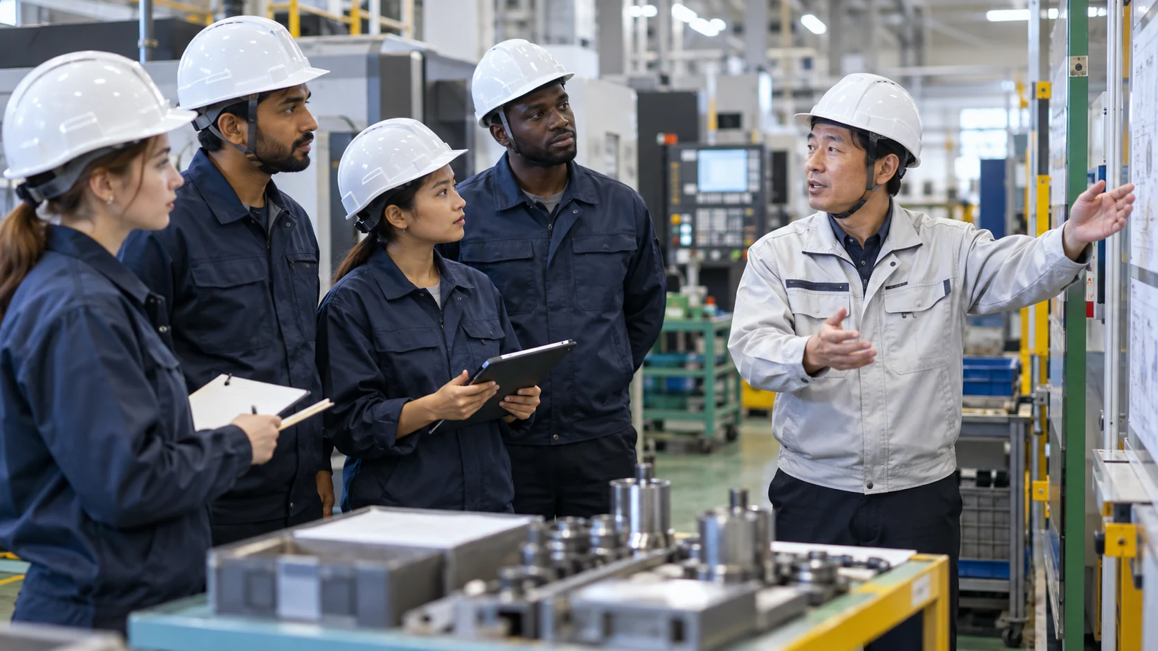 Equipe em treinamento industrial no Japão.