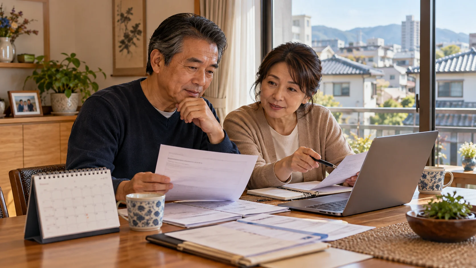 Casal planejando documentos e futuro no Japão em casa.
