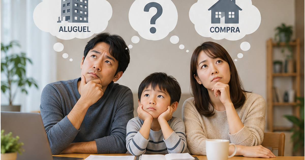 Família sentada à mesa, em momento de reflexão, com dúvidas entre aluguel e casa própria no Japão