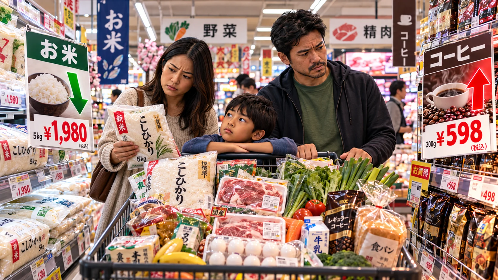 Família brasileira nikkei fazendo compras em supermercado japonês, com sinalização em japonês, arroz e café.