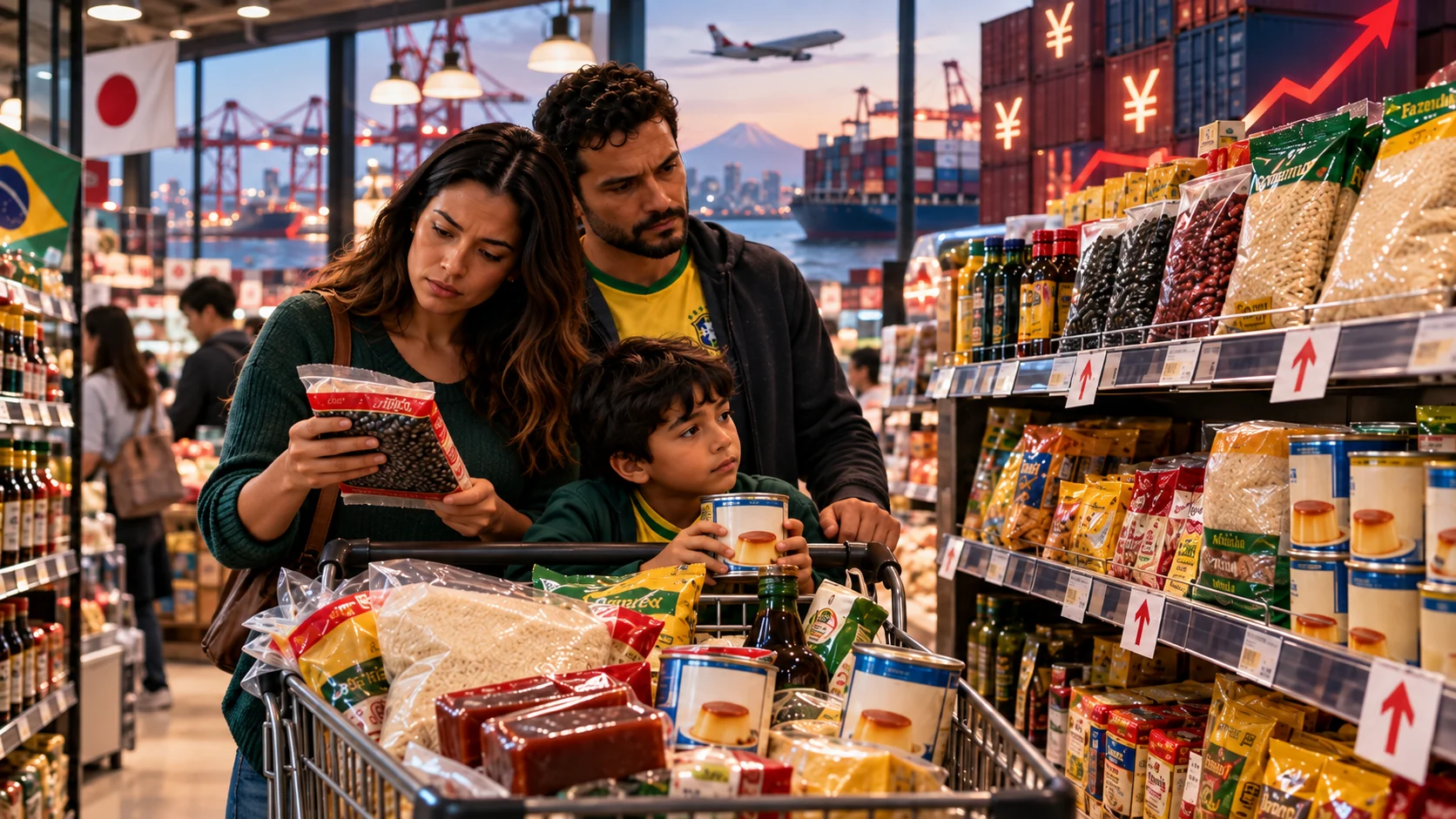 Família diante de produtos alimentícios importados no Japão
