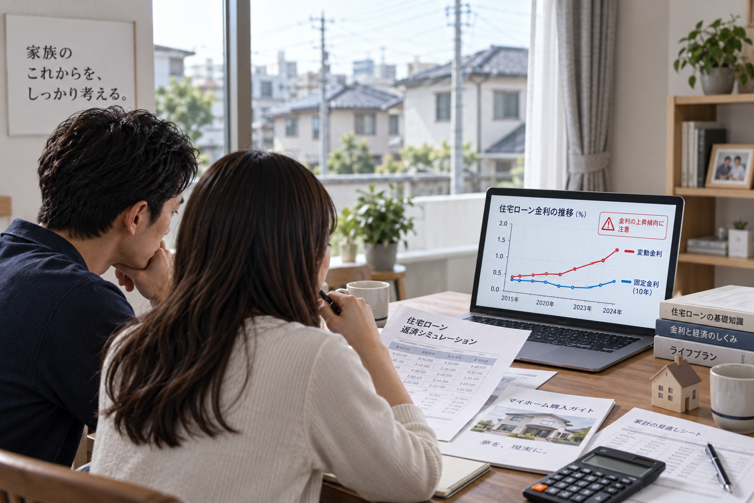 Casal analisando financiamento imobiliário no Japão diante de gráfico de juros