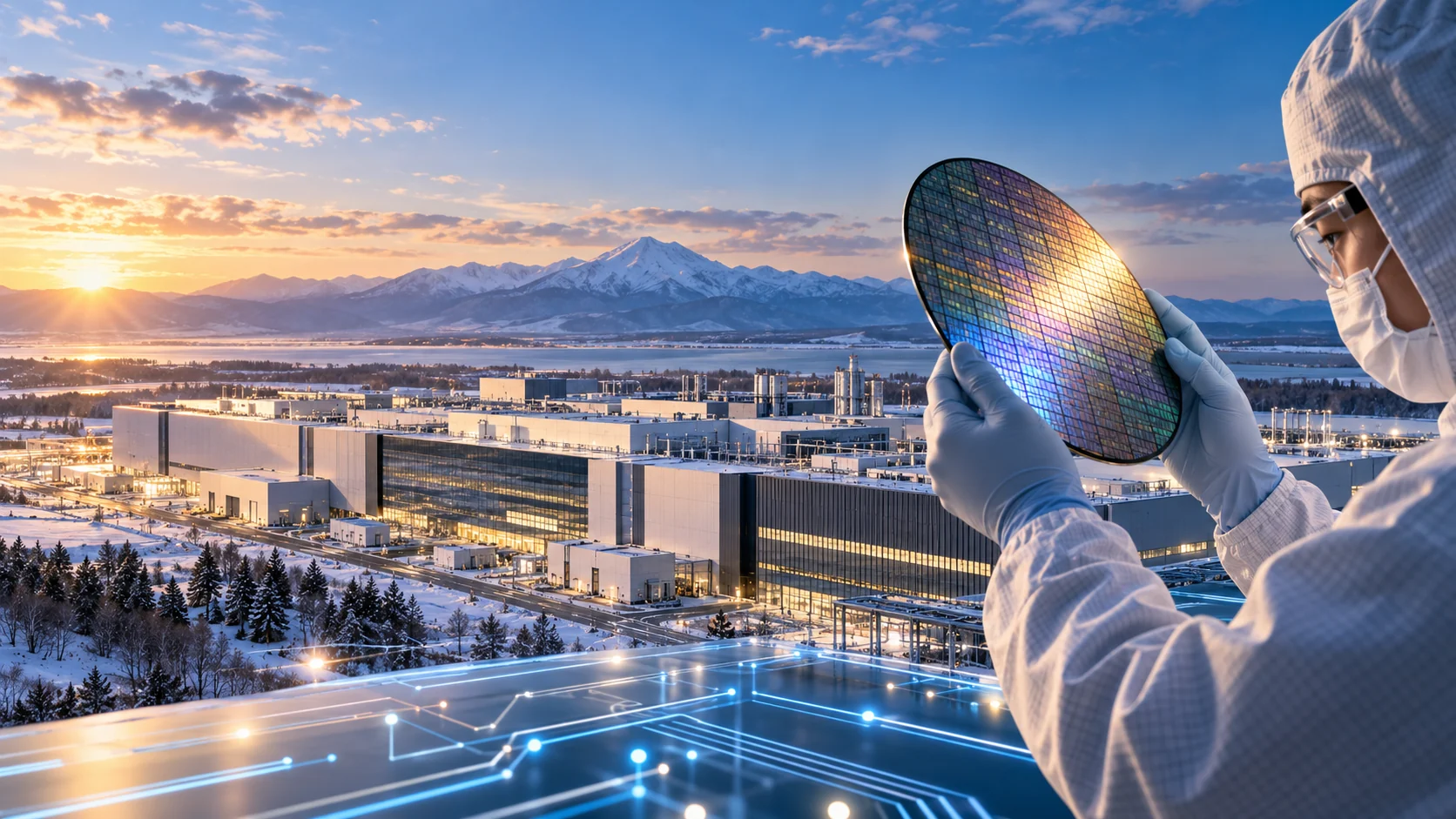 Ilustração editorial da aposta japonesa em semicondutores de 2 nanômetros, com fábrica avançada, wafer e paisagem de Hokkaido.