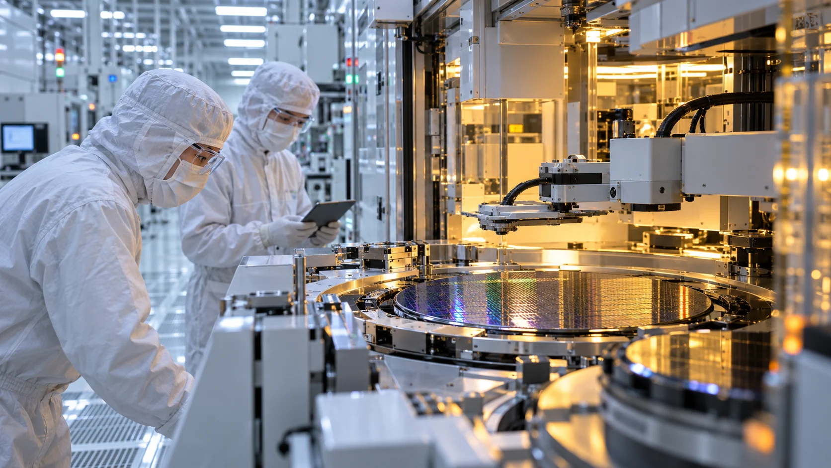 Sala limpa de semicondutores com técnicos operando equipamentos de fabricação.
