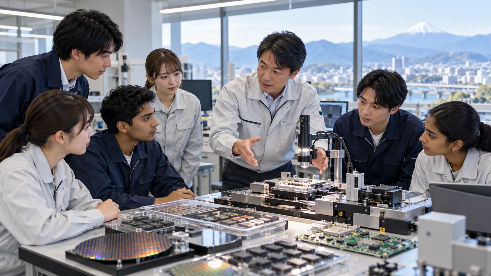 Treinamento técnico em laboratório de semicondutores com jovens profissionais.